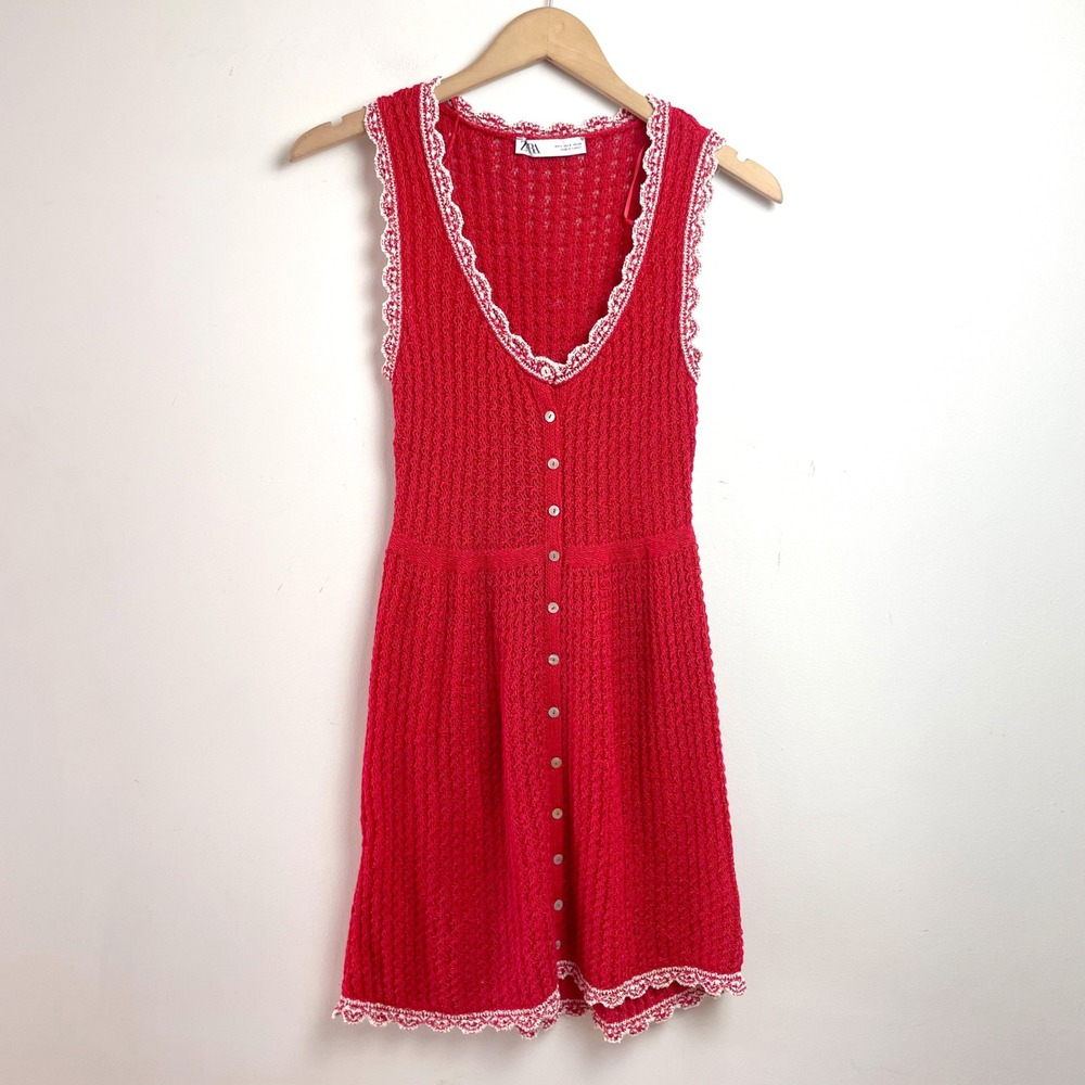 Red‎ Crochet Knit Button Front Mini Dress Sz Small Lace Trim Twee Euro Summer